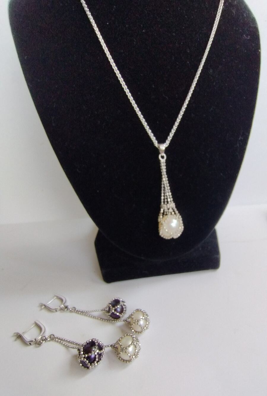 Effy NEW 925 Freshwater Pearl Sterling Silver Lace Drop Set Earrings & Necklace